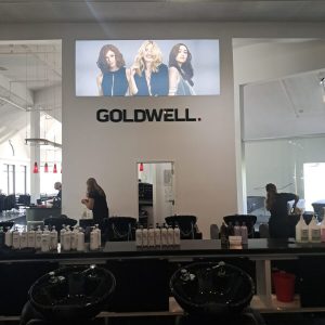 Interior of a hair salon with "GOLDWELL" sign, hair products on counters, and two stylists working with clients.