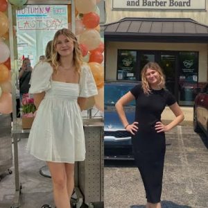 Two side-by-side photos of a woman: one indoors in a white dress, one outdoors in a black dress by a cosmetology board sign.